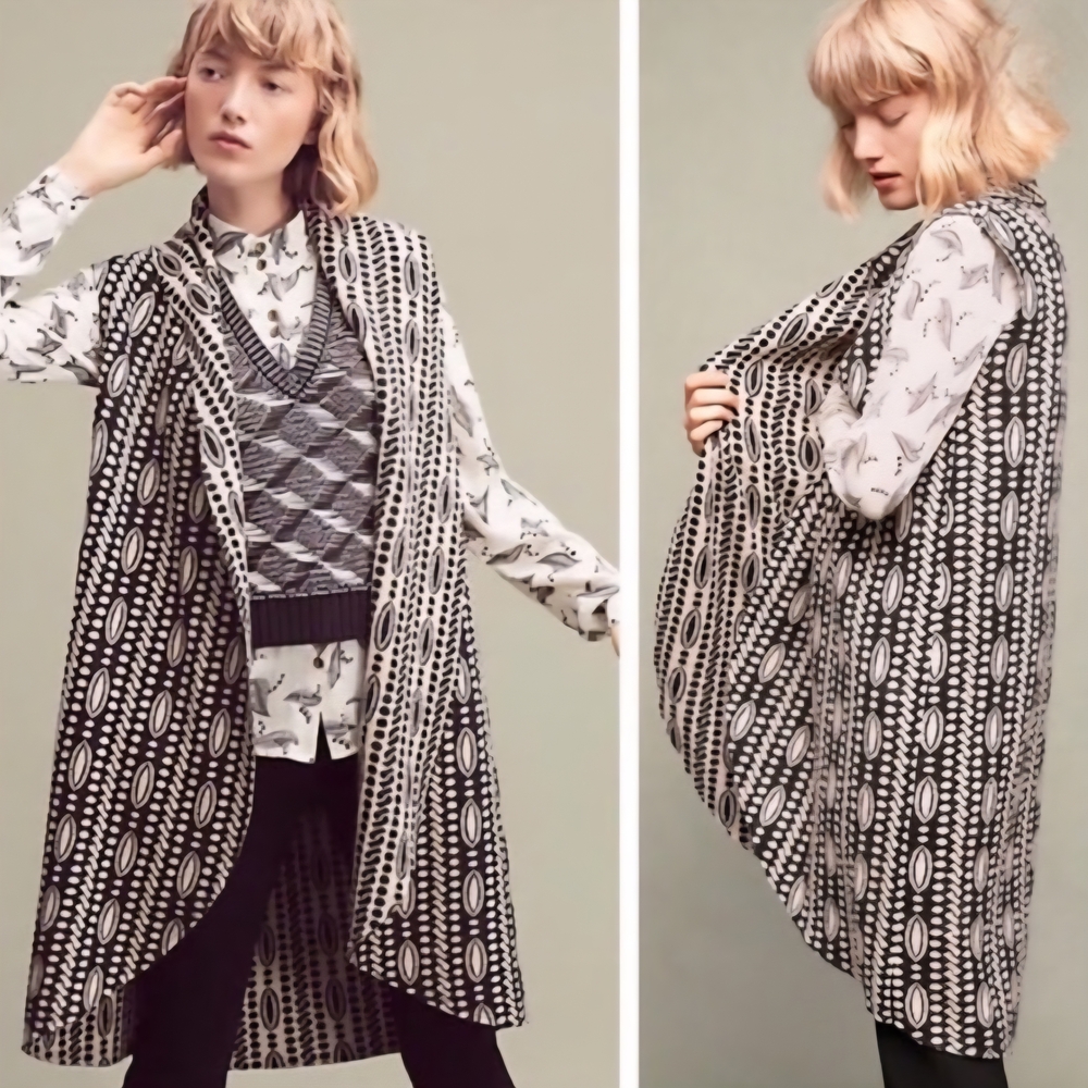 Anthropologie Moth Wool Blend Geometric Open Front Shawl Collar Vest XS/S Chic